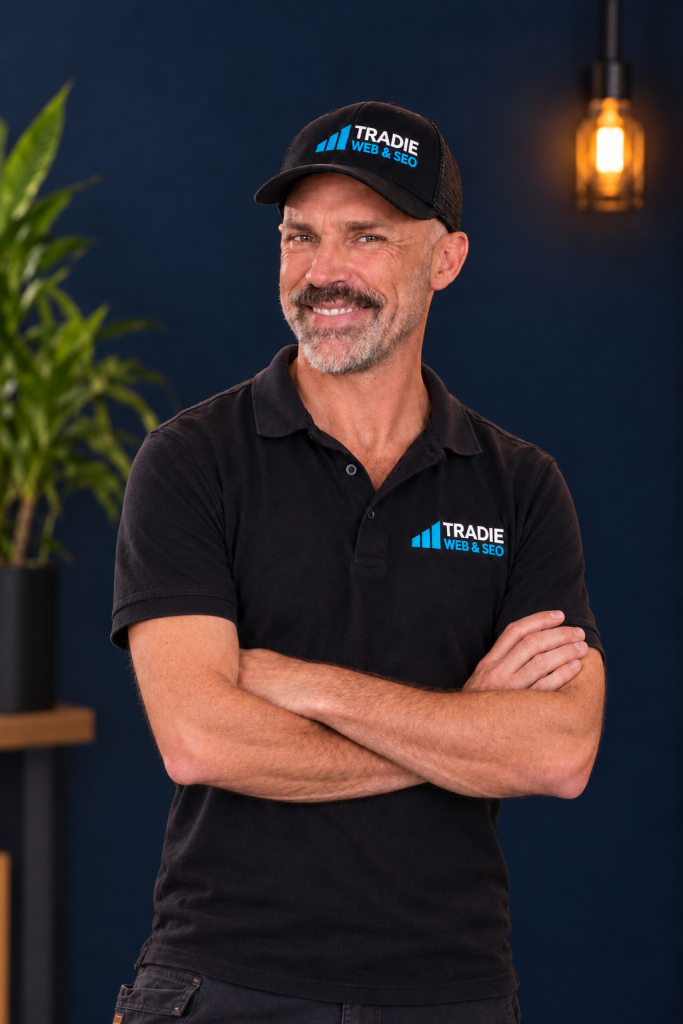 Smiling tradie working at a laptop